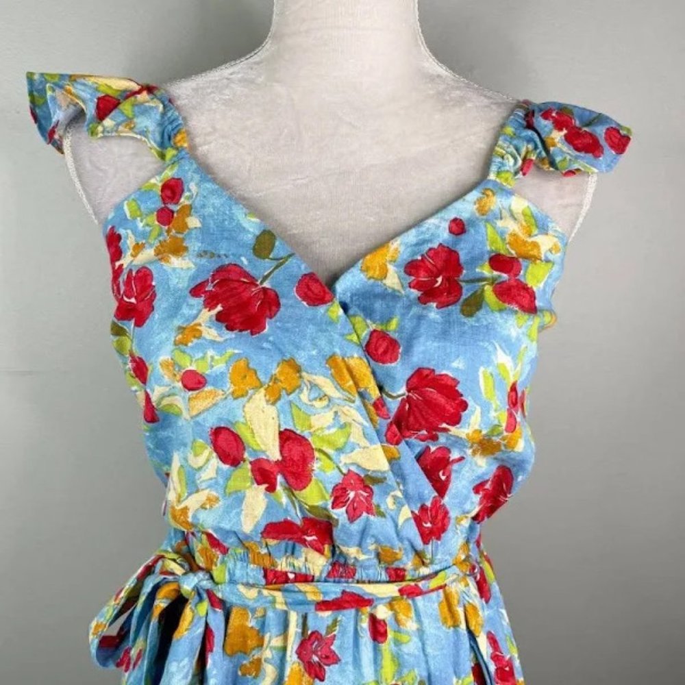 LC LAUREN CONRAD floral WRAP DRESS sleeveless BELT blue SIZE xxl - Picture 5 of 13
